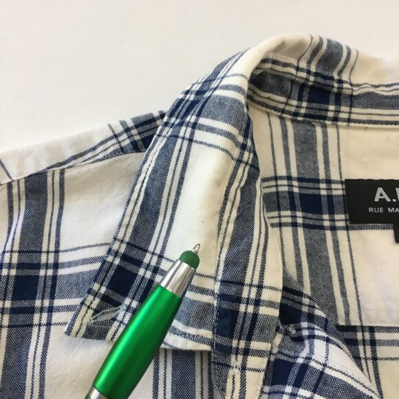 A.P.C. Mens Large 100% Cotton Checked Button Down Collar Shirts Navy Blue/White - Picture 14 of 15